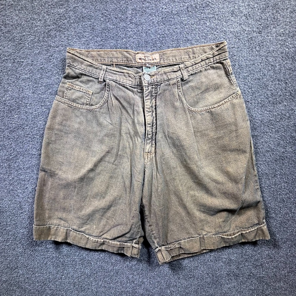 Vintage Guess by Georges Marciano Shorts Men 32 Olive Green Denim Pleated Cuffed